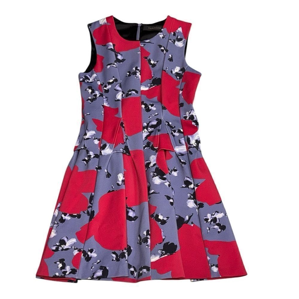 THAKOON luxury brand Blue & pink floral mini pleated neoprene flare dress sz 8